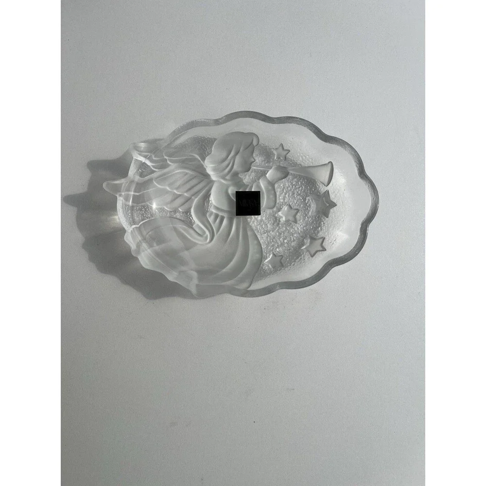 Mikasa Frosted Textured Glass Angel Gabriel Trumpet Stars Oval Candy Dish‎ 6